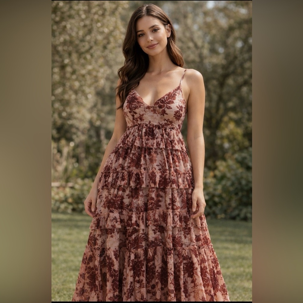 Azazie Atelier Floral Pleated Tiered Maxi Dress - Size 20